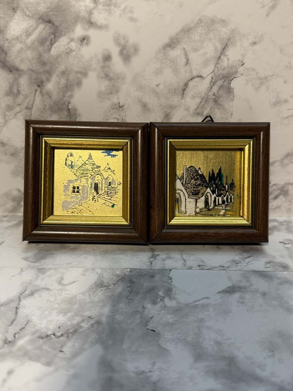 Vintage Pair of Miniature Italian Gold Leaf Trulli House Paintings Framed